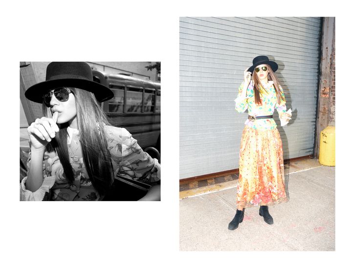 right image  Axelle is wearing YSL hat. Chanel sunglasses. Dior blouse. Scaasi vintage jacket. Vintage dress stylists own. 