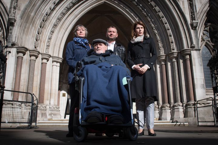 Conway, pictured at the Royal Courts of Justice in London with wife Carol (left), stepson Terry McCusker (centre back) and Sarah Wootton, CEO of Dignity in Dying (right) 