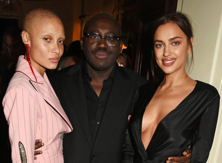 Adwoa Aboah, Edward Enninful and Irina Shayk attend Edward Enninful's OBE dinner at Mark's Club on 27 October 2016 in London.