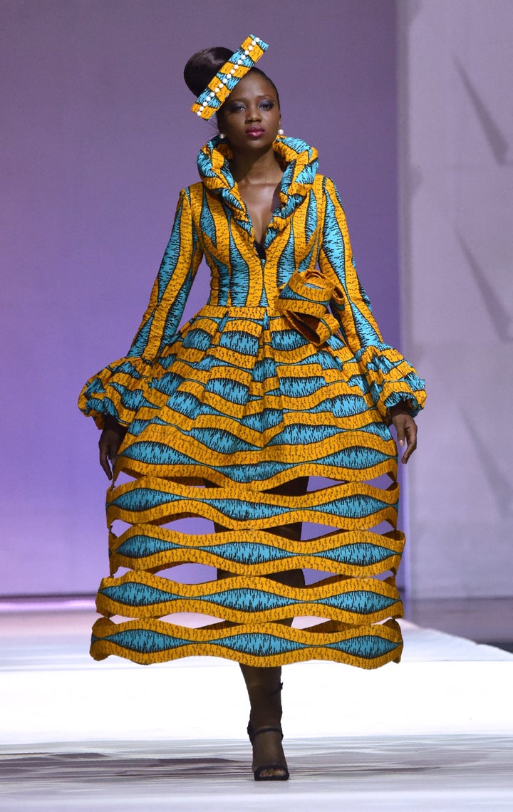 A design by African designer Patricia Waota made with Vlisco during the 170th anniversary of the manufacturer in Abijan, November 2016.