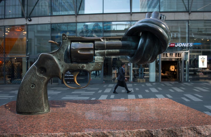 A sculpture by Swedish artist Carl Fredrik Reutersward can be seen at Hotorget in Stockholm on May 4, 2016.