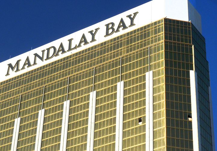 <p>Broken-out windows (lower right in image) on the 32nd floor of Mandalay Bay Resort and Casino on Las Vegas Boulevard from which a shooter rained bullets down on innocent concert-goers, killing 58 and injuring nearly 500.</p>