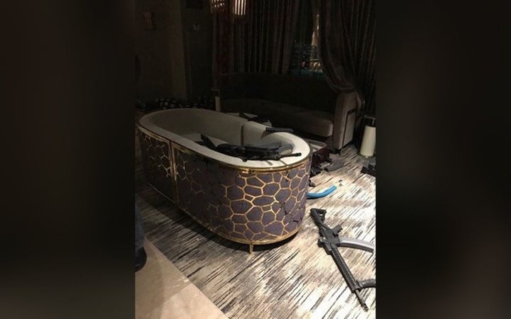 View of Stephen Paddocks room at the Mandalay Hotel showing weapons he may have used during his mass shooting at the Route 91
