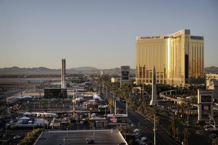 The Mandalay Bay Resort and Casino right overlooking an outdoor festival grounds across the street left on Oct 3, 2017 in Las