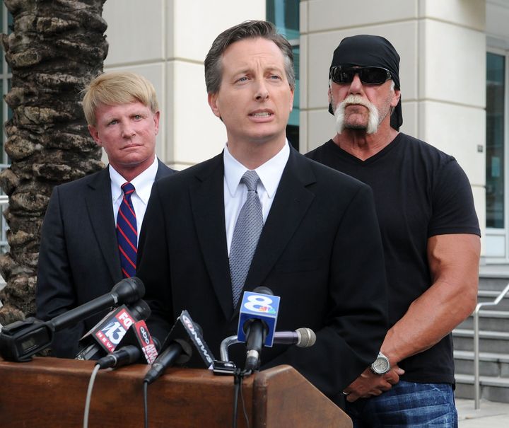 Charles Harder, center, speaks during a press conference with his client Hulk Hogan and fellow attorney David Houston, left, on Oct. 15, 2012. 