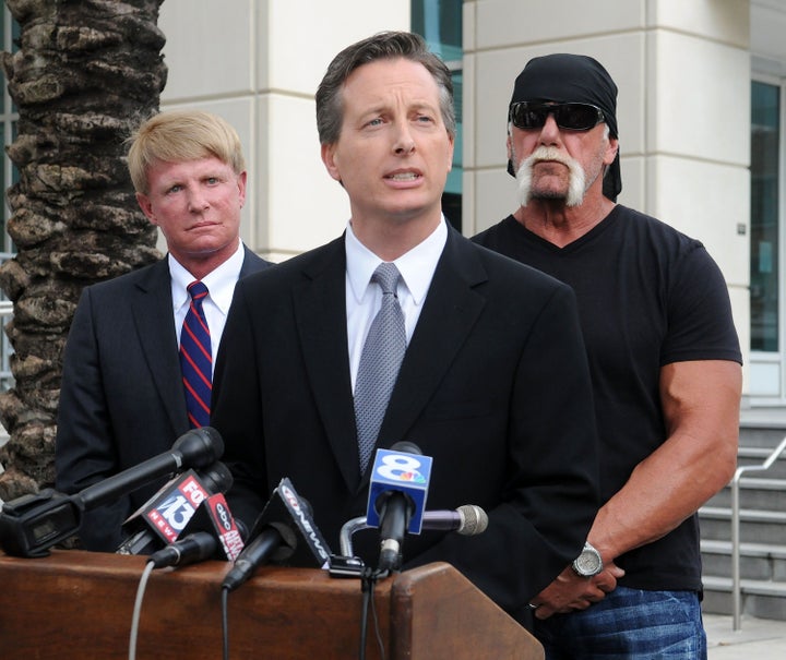 Charles Harder, center, speaks during a press conference with his client Hulk Hogan and fellow attorney David Houston, left, on Oct. 15, 2012.