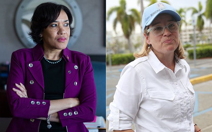 Karen Weaver (left), the mayor of Flint, Michigan, and Carmen Yulín Cruz, the mayor of San Juan, Puerto Rico.