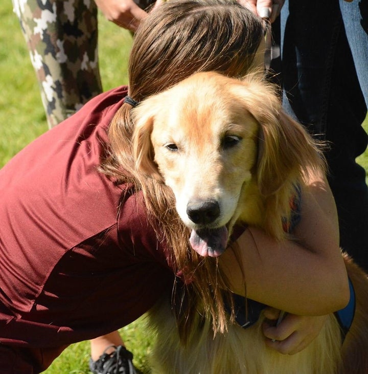 Titus the comfort dog with a woman in Las Vegas, Nevada.