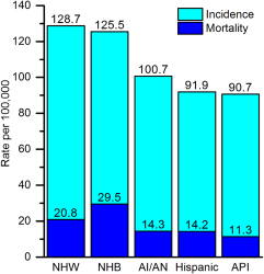 Non-hispanic black women (NHB) have the highest rates of breast cancer mortality while non-hispanic white women (NHW) have the highest rates of breast cancer incidence. 