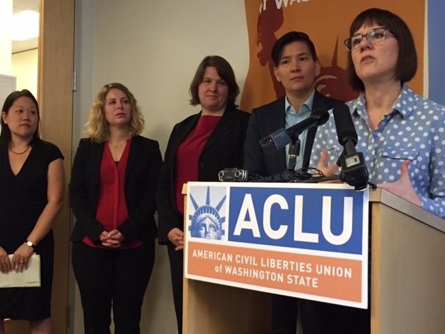 <p>Cheryl Enstad addresses reporters at ACLU Washington Thursday. </p>