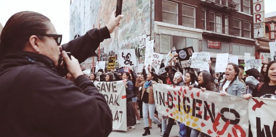 A still from a film by Timothy Ornelas, showing a Dakota Access Pipeline protest in Los Angeles in February 2017.