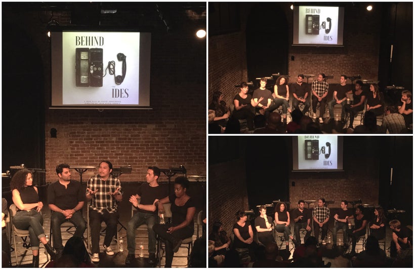 Playwright David Armstrong (left photo, gesturing) and members of the <em>Behind the Ides</em> cast converse with the audienc