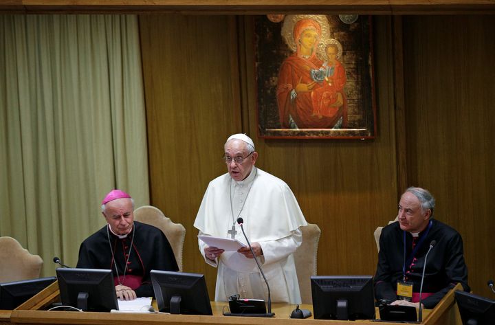 Pope Francis delivers a speech during a meeting with members of Pontifical Academy for Life in the Synod hall at the Vatican, October 5, 2017.