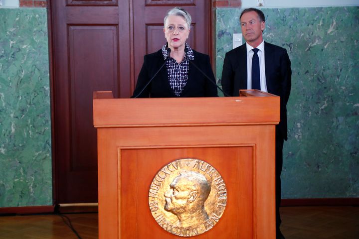Berit Reiss-Andersen, Chairman of the Norwegian Nobel Committee, announces the laureate of the Nobel Peace Prize 2017