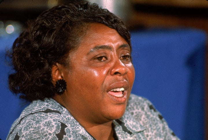 American civil rights leader Fannie Lou Hamer testifies on behalf of the Mississippi Freedom Democratic Party, which had been denied seats at the convention by organizers acting on behalf of the "regular" Mississippi Democratic Party's delegation.