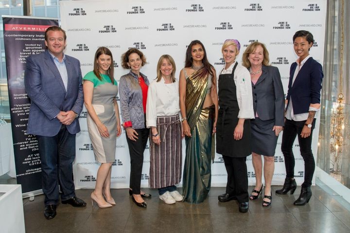 Rohini Dey creates mentorship for women in the culinary industry. L To R: Michael White, Gail Simmons, Dana Cowin, Emily Luchetti, Dey, Eliza Martin, Susan Ungaro, and Kristen Kish at the James Beard Foundation’s Women in Culinary Leadership Dinner. (Photo by Ken Goodman, courtesy, James Beard Foundation) 
