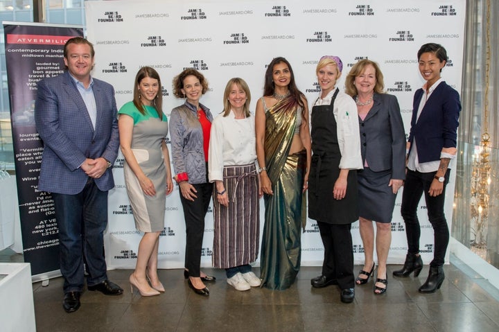 Rohini Dey creates mentorship for women in the culinary industry. L To R: Michael White, Gail Simmons, Dana Cowin, Emily Luchetti, Dey, Eliza Martin, Susan Ungaro, and Kristen Kish at the James Beard Foundation’s Women in Culinary Leadership Dinner. (Photo by Ken Goodman, courtesy, James Beard Foundation)