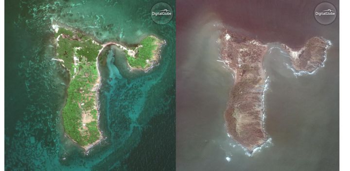 Aerial photos of Cayo Santiago before and after the storm.