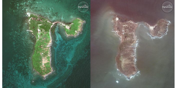 Aerial photos of Cayo Santiago before and after the storm.