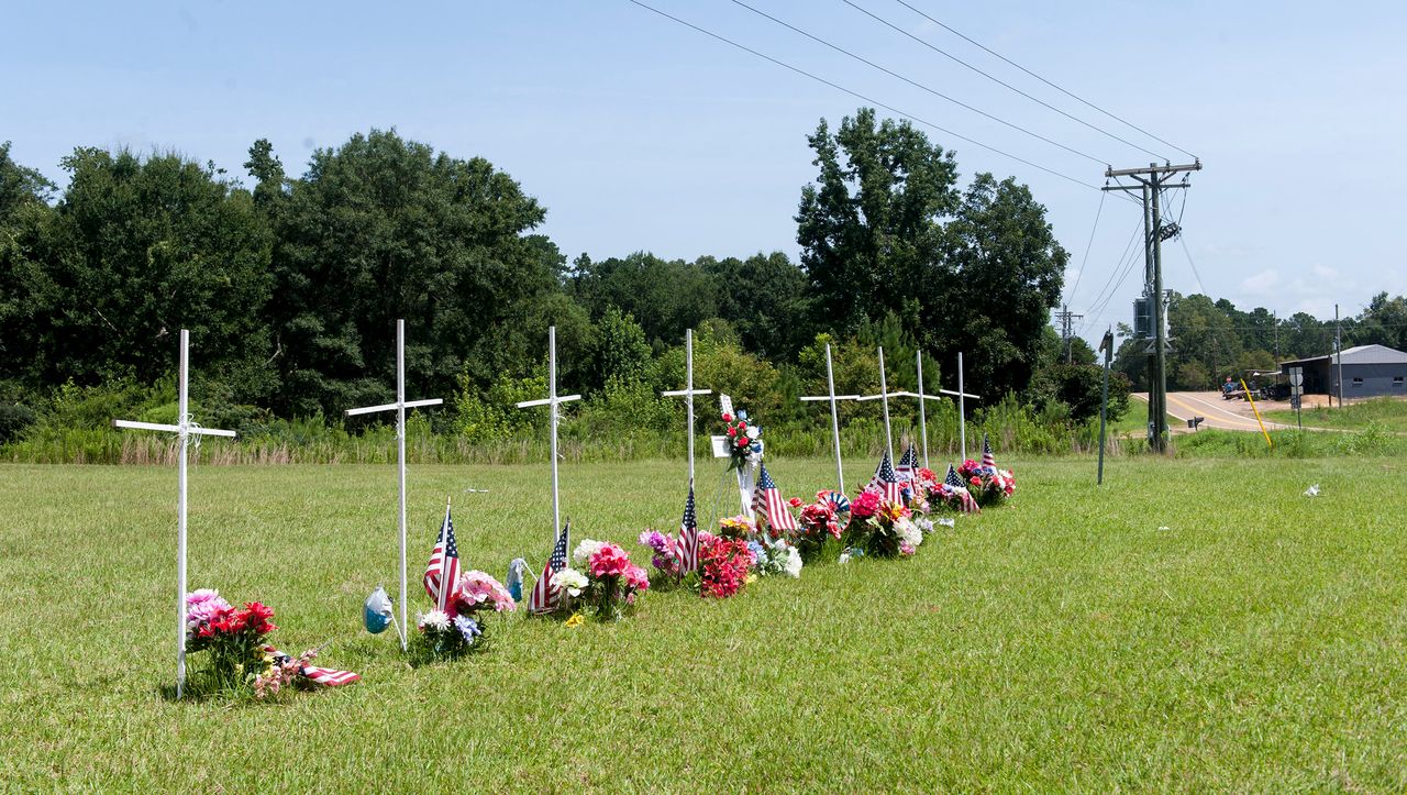 Eight white crosses were erected in memory of the victims in Mississippi.