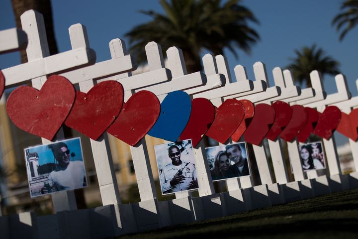 Fifty-eight white crosses for the victims of Sunday night's mass shooting stand on the south end of the Las Vegas Strip, October 5, 2017 in Las Vegas, Nevada.