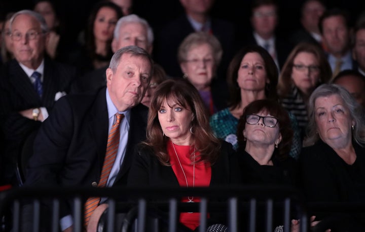 Dick Durbin (left) sits behind (left to right) Paula Jones, Kathleen Willey and Juanita Broaddrick at the presidential debate at Washington University in St. Louis on Oct. 9, 2016.