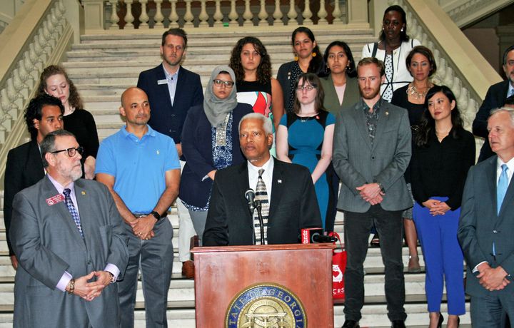 Rep. Hank Johnson, GA-04, speaks out for DACA recipients at a news conference at the Georgia State Capitol recently.