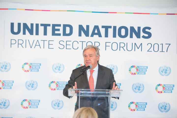 UN Secretary-General António Guterres speaks on financing the 2030 Agenda at the UN Private Sector Forum 2017.