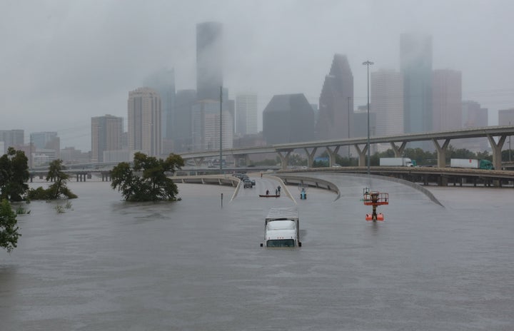 Interstate 45 is submerged from the effects of Hurricane Harvey seen during widespread flooding in Houston on Aug. 27, 2017.