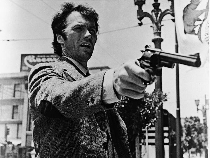American actor Clint Eastwood points his pistol in a still from the film "Dirty Harry".