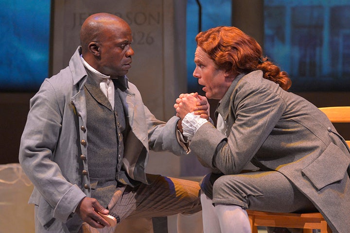 <p>Peter L. Callender (Jupiter Evans) and Mark Anderson Phillips (Thomas Jefferson) in a scene from <strong><em>Thomas and Sally</em></strong> </p>