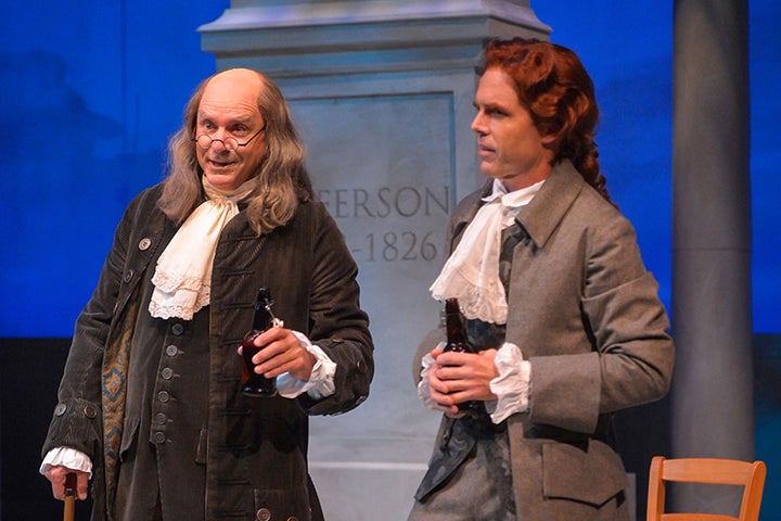 <p>Robert Sicular as Benjamin Franklin with Mark Anderson Phillips as Thomas Jefferson in a scene from <em><strong>Thomas and Sally</strong></em> </p>