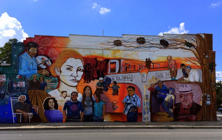 San Antonio’s impoverished West side has a vibrant mural scene, as depicted on the side of this building and many others.