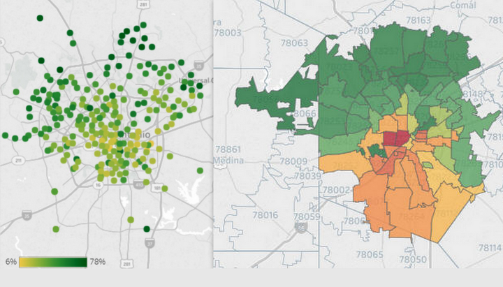 Third grade reading levels vs. educational levels high (green) and low (red) in San Antonio, via P16+ Council of Greater Bexar County (3rd grade) and U.S. Census 2010/American Community Survey 2015 data (educational levels).