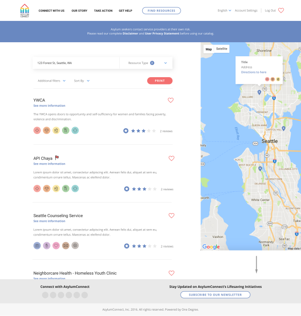 <em>Desktop mockup: search with location for new resource catalog powered by One Degree. </em>