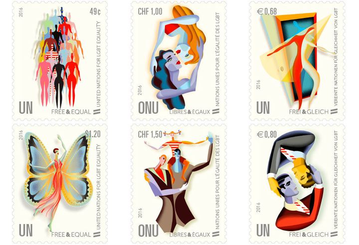 Six stamps to promote the UN Free & Equal campaign for LGBT rights were unveiled for the UN Postal Administration. 
