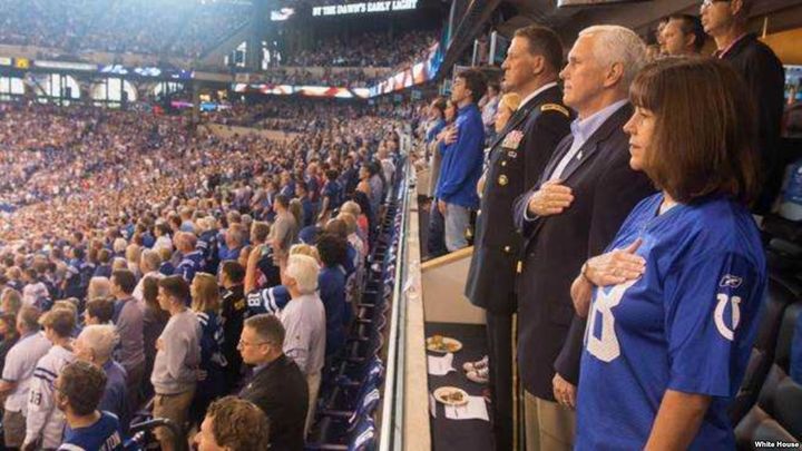 Vice-President Pence and entourage pledged to the flag and then walked out of an Indianapolis Colt football game in his home state of Indiana.