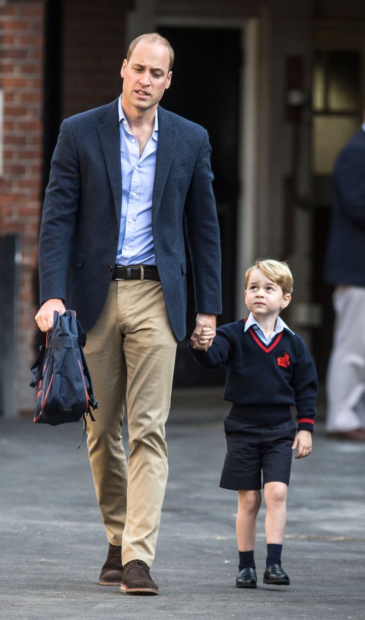 Prince George arriving for his first day at school with his father the Duke of Cambridge 
