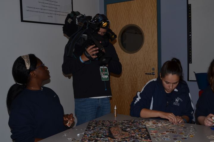 A team from NBC Boston filming Foxborough Regional Charter School students for a September 29 report by Abbey Niezgoda on the Holocaust Stamp Project