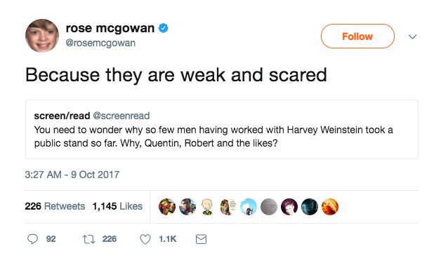 Rose McGowan criticised some male stars for not publicly condemning Weinstein
