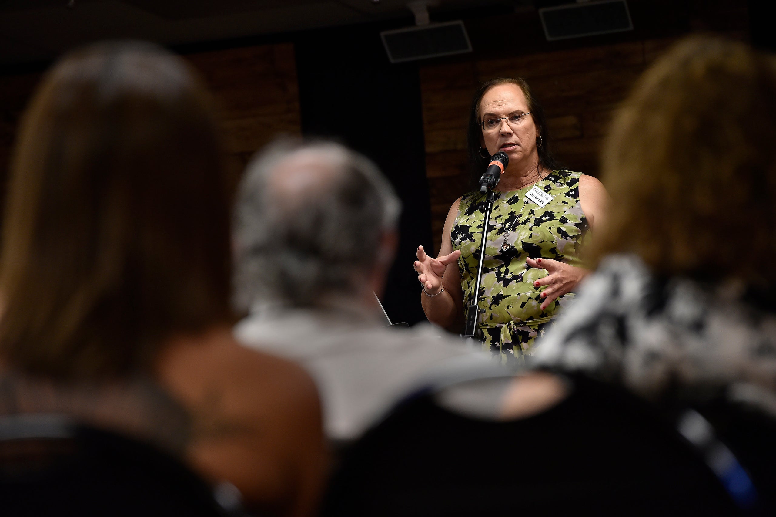 Ceri Anne Lewis speaks at the United Methodist Church of the Resurrection in Leawood, Kansas, Sept. 21, 2017. She did high-le