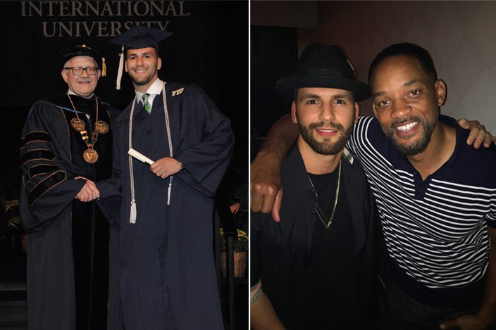 (Left) Xerxes receiving his diploma. (Right) Xerxes with close friend and business partner Will Smith.