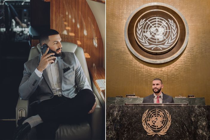 (Left) Xerxes taking a business call in the air. Photo Credit: Michael Perez @5thphvse (Right) Xerxes giving a speech at The United Nations. Photo Credit: Eric Paez @paez_eric