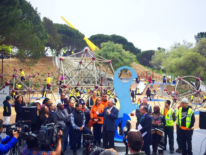 San Francisco Mayor Ed Lee announces that his city is the first to have 100% of its residents within a 10-minute walk of a park at an event in Hilltop Park.