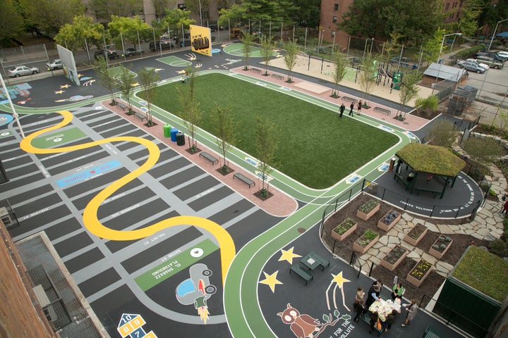 <p>The old asphalt schoolyard at La Cima Charter School in Brooklyn, NY was converted by The Trust for Public Land to a green community playground that also captures stormwater runoff.</p>
