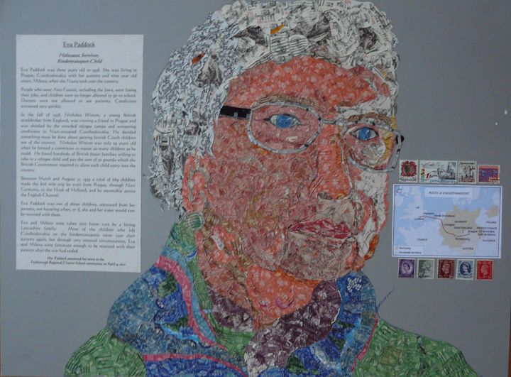  A collage of Eva Paddock, a child Holocaust survivor from Czechoslovakia, is among the 13 collages created as part of the Holocaust Stamp Project. Paddock was the first survivor to speak at a packed school community program in 2012, marking the first 1 million stamps collected. 