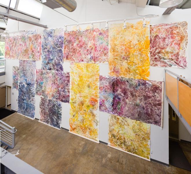<p><em>Time Traveler 2017, Tall Wall Space, University of La Verne, CA | Diluted acrylic and mixed media on canvas</em> </p>
