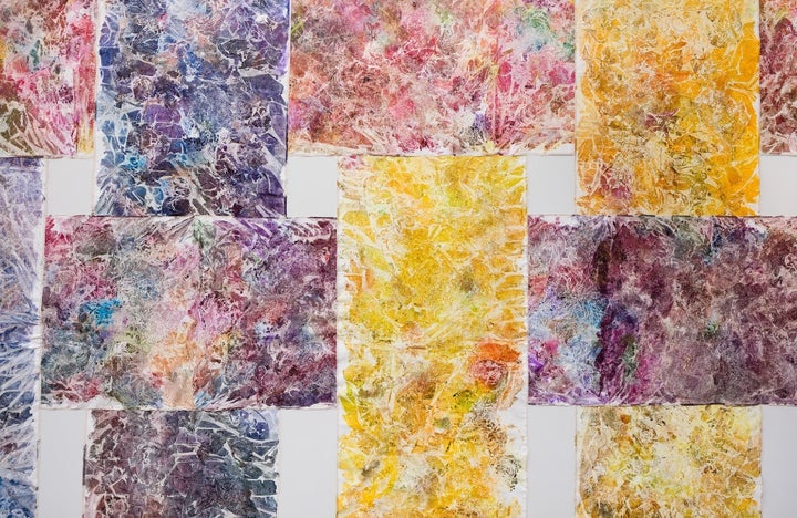 <p><em>Time Traveler 2017, Tall Wall Space, University of La Verne, CA | Diluted acrylic and mixed media on canvas (detail)</em></p>