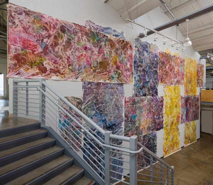 <p><em>Time Traveler 2017, Tall Wall Space, University of La Verne, CA | Diluted acrylic and mixed media on canvas</em></p>