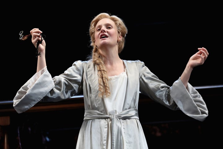 Romola Garai (playing Sarah Churchill) on stage during the 'Queen Anne' photocall at Theatre Royal on July 6, 2017 in London,